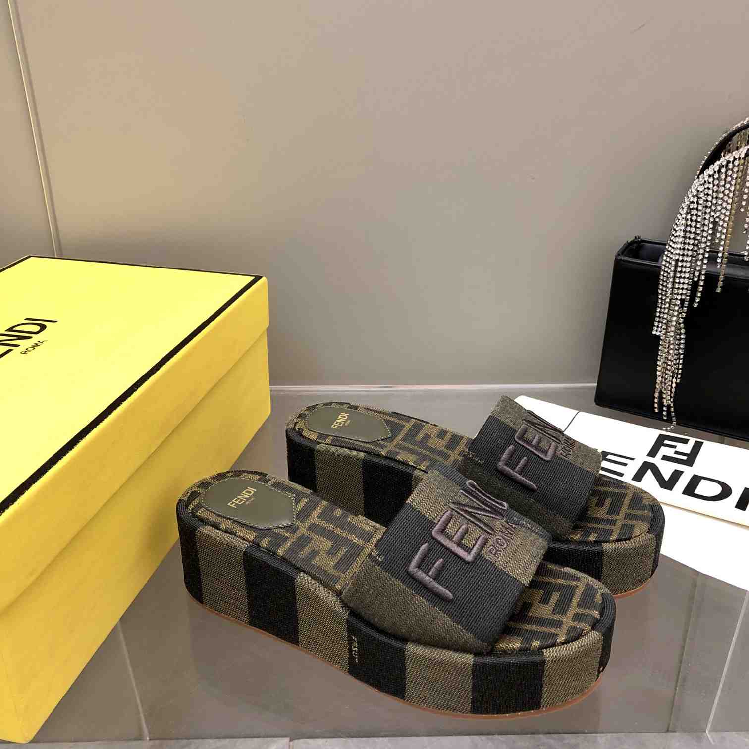 Fendi Sunshine Brown Fabric Flatform Slides - DopestKickz