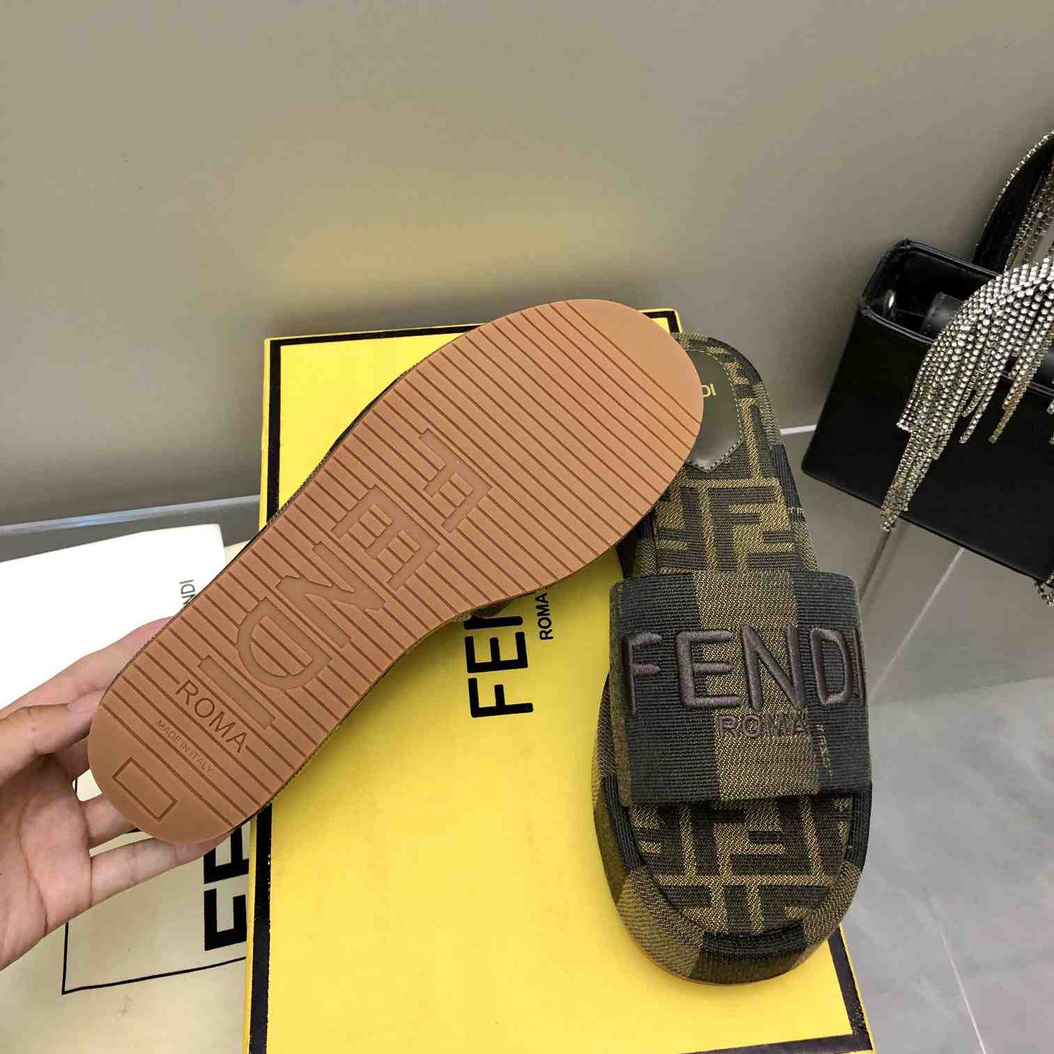 Fendi Sunshine Brown Fabric Flatform Slides - DopestKickz