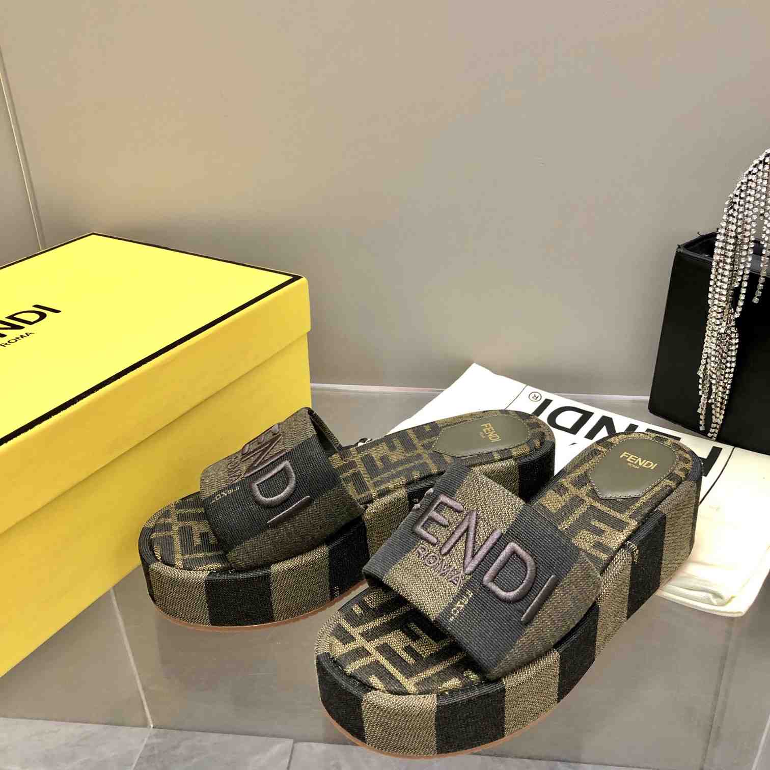 Fendi Sunshine Brown Fabric Flatform Slides - DopestKickz