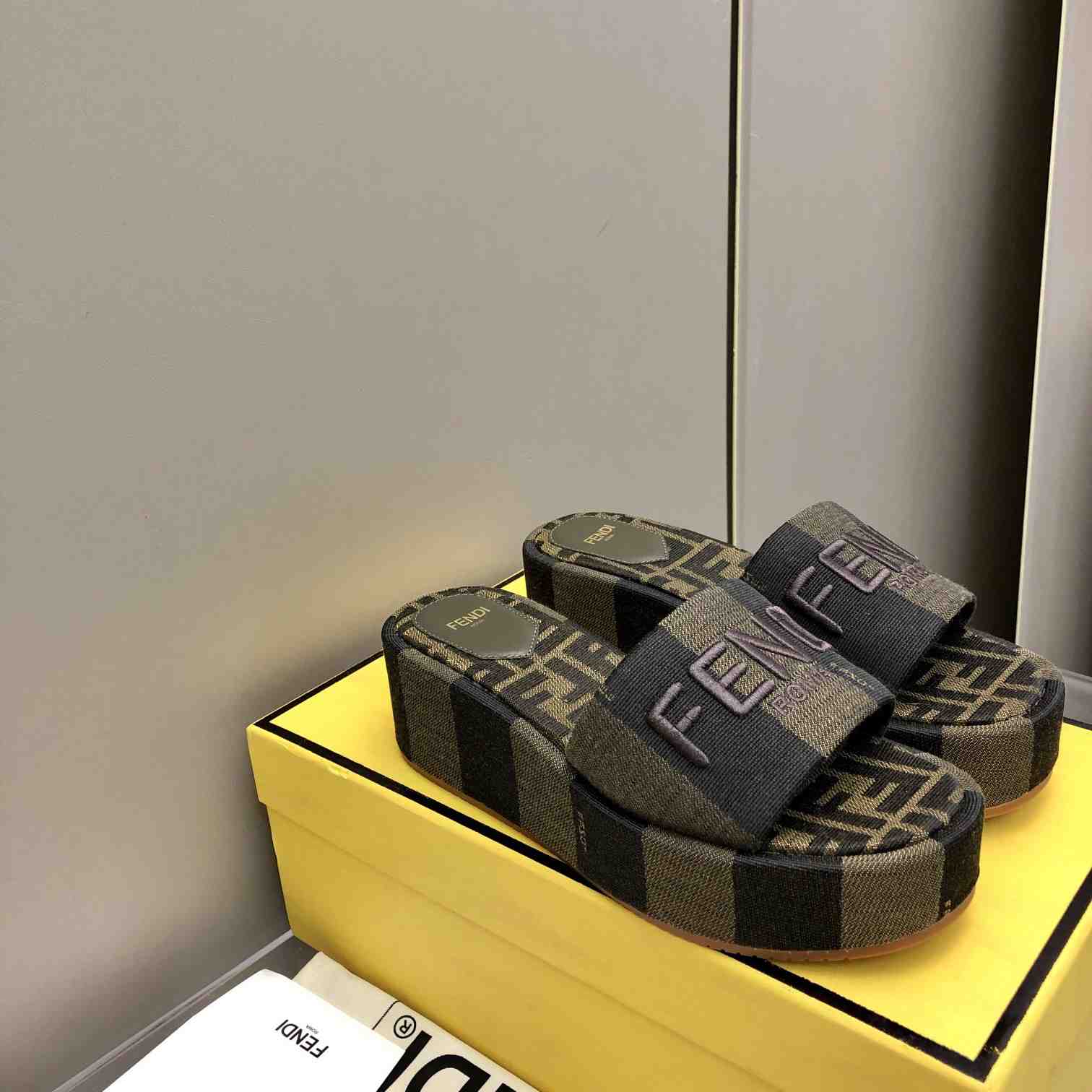 Fendi Sunshine Brown Fabric Flatform Slides - DopestKickz