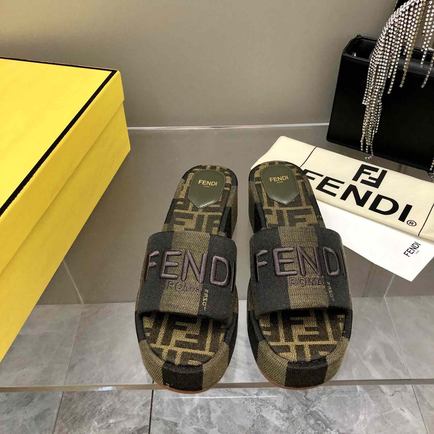 Fendi Sunshine Brown Fabric Flatform Slides - DopestKickz