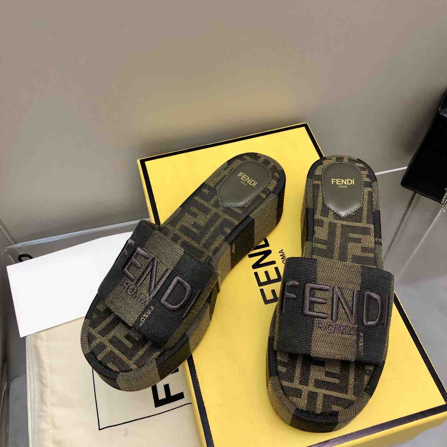 Fendi Sunshine Brown Fabric Flatform Slides - DopestKickz