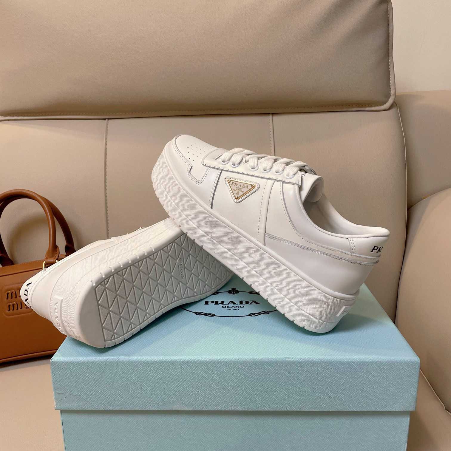 Prada Downtown Bold Leather Sneakers - DopestKickz