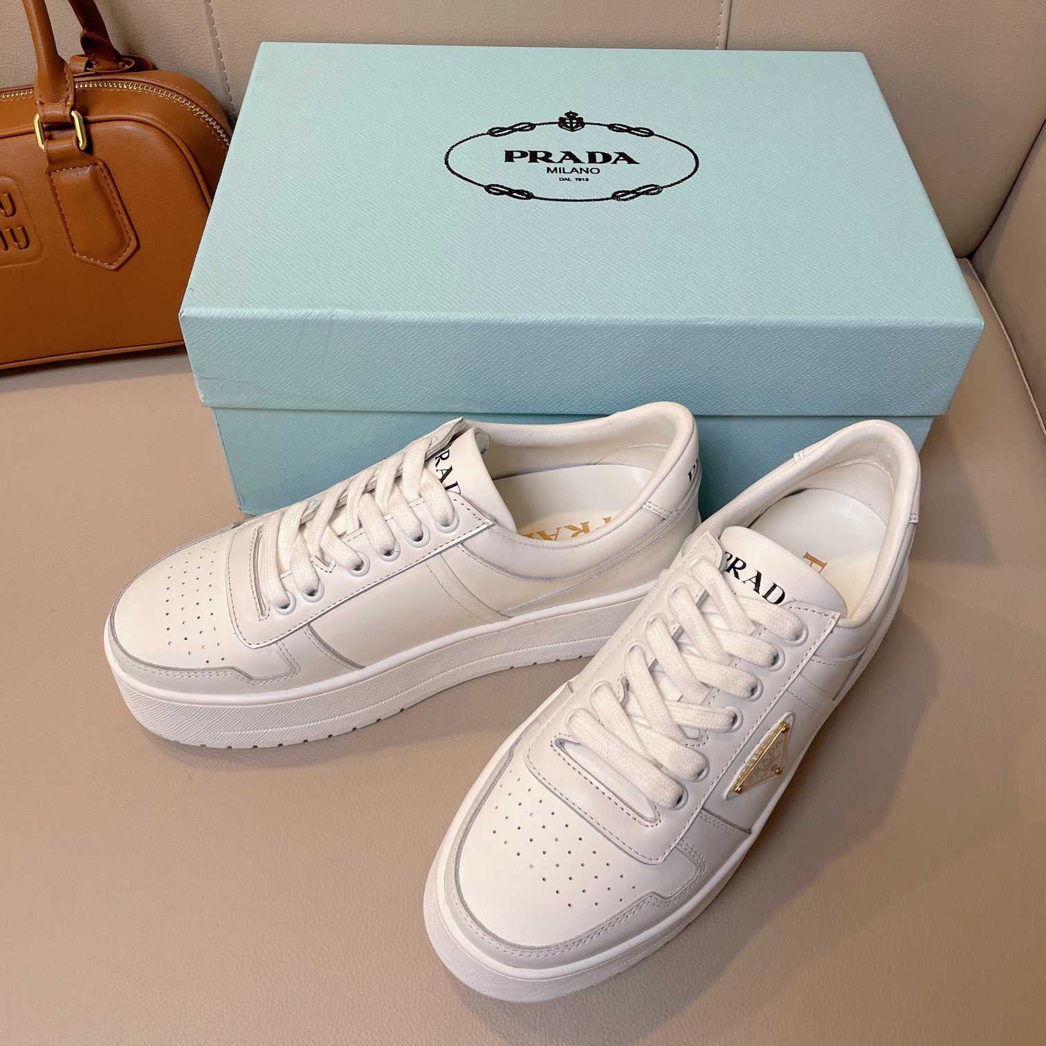 Prada Downtown Bold Leather Sneakers - DopestKickz