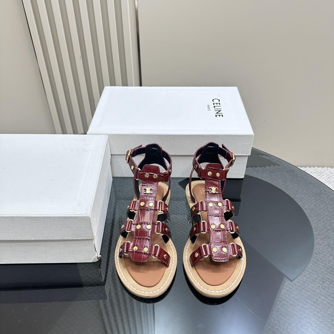 Celine Lympia Gladiator Sandal In Crocodile Stamped Calfskin Dark Brown - DopestKickz