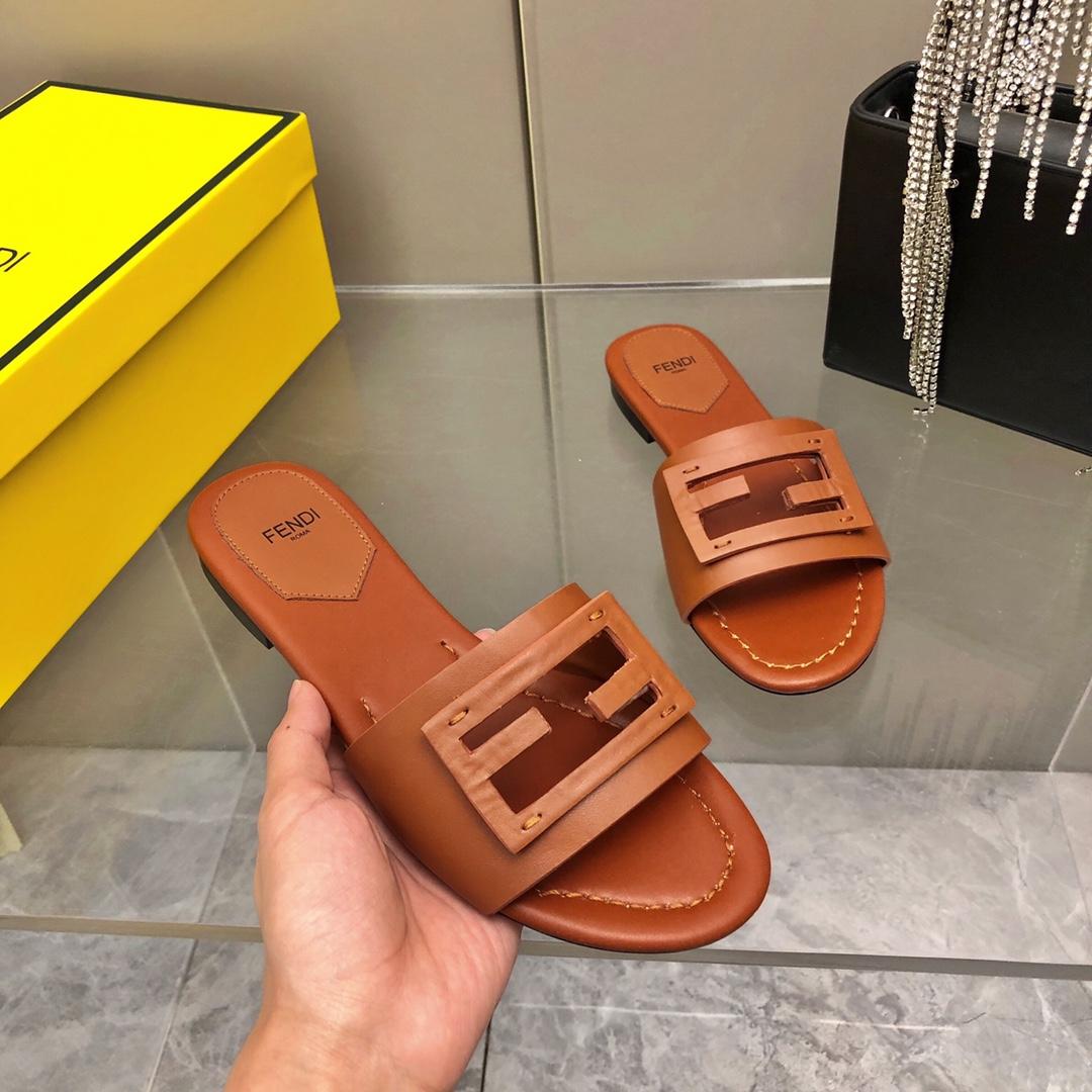 Fendi Baguette Brown Leather Slides - DopestKickz