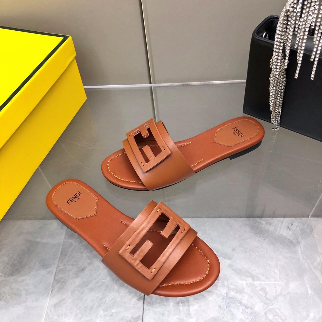 Fendi Baguette Brown Leather Slides - DopestKickz