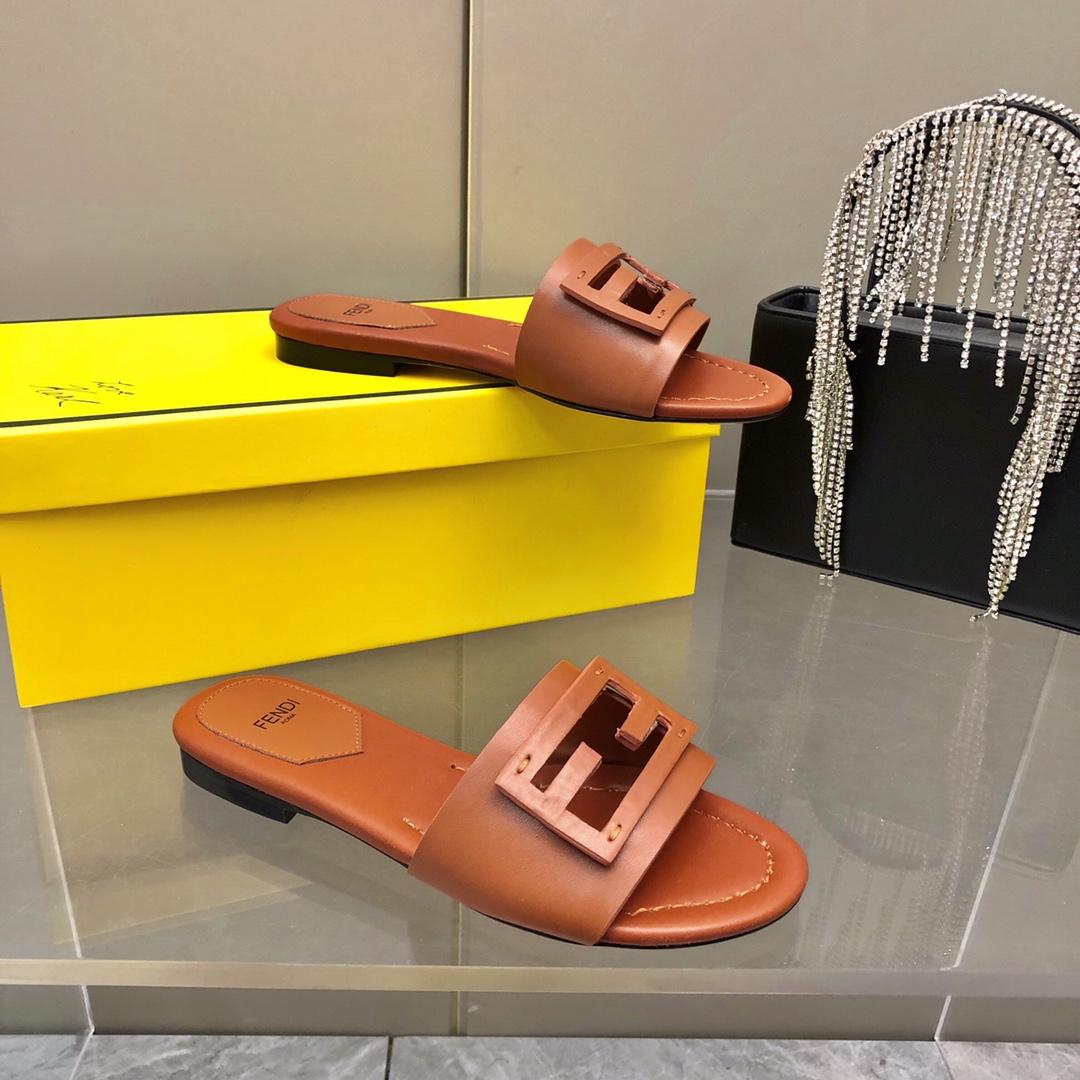 Fendi Baguette Brown Leather Slides - DopestKickz