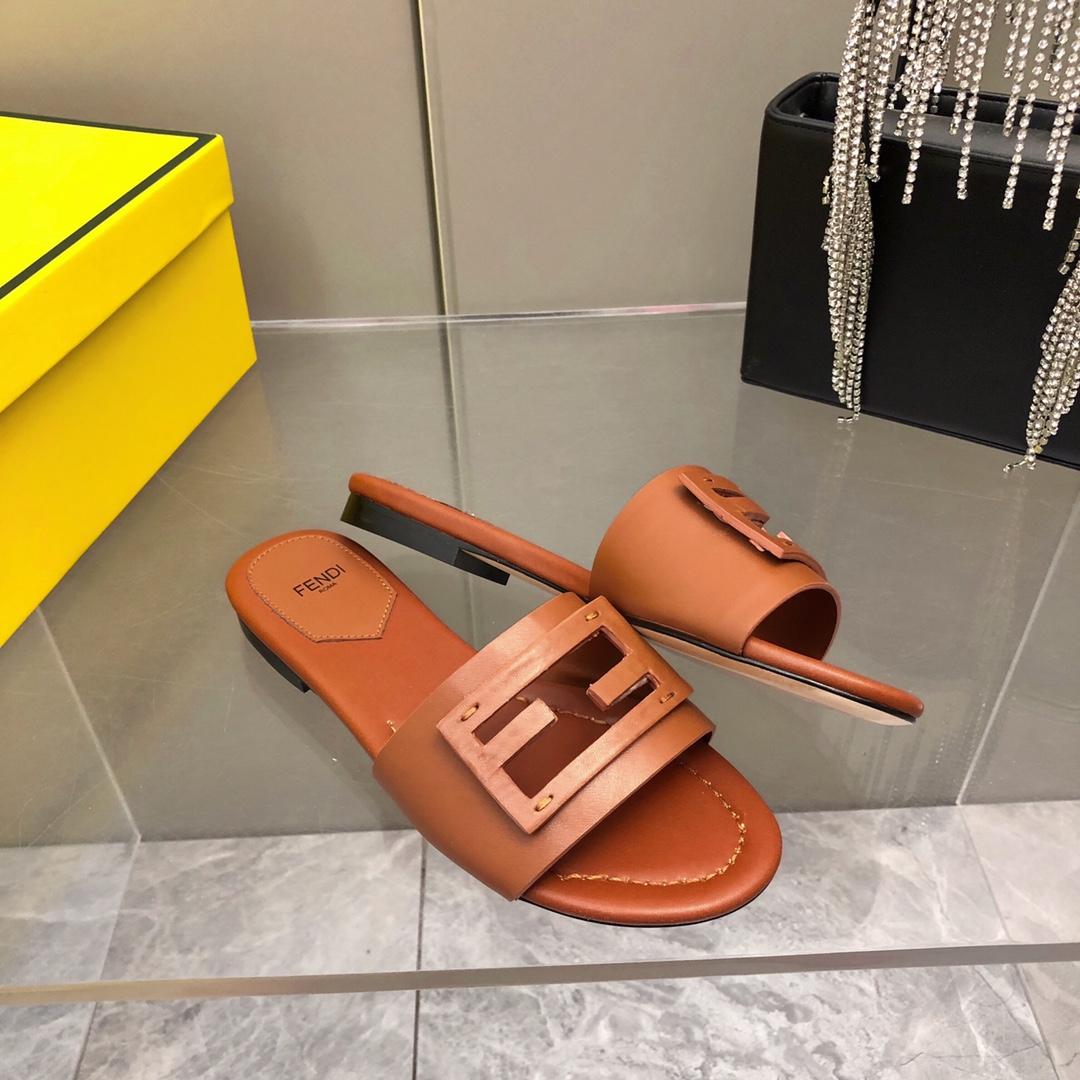Fendi Baguette Brown Leather Slides - DopestKickz