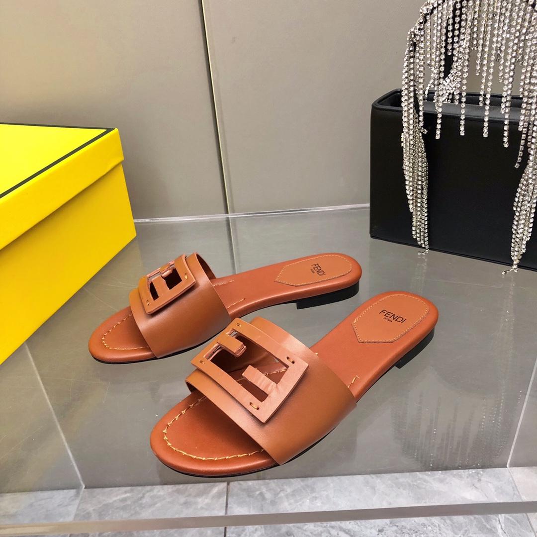 Fendi Baguette Brown Leather Slides - DopestKickz
