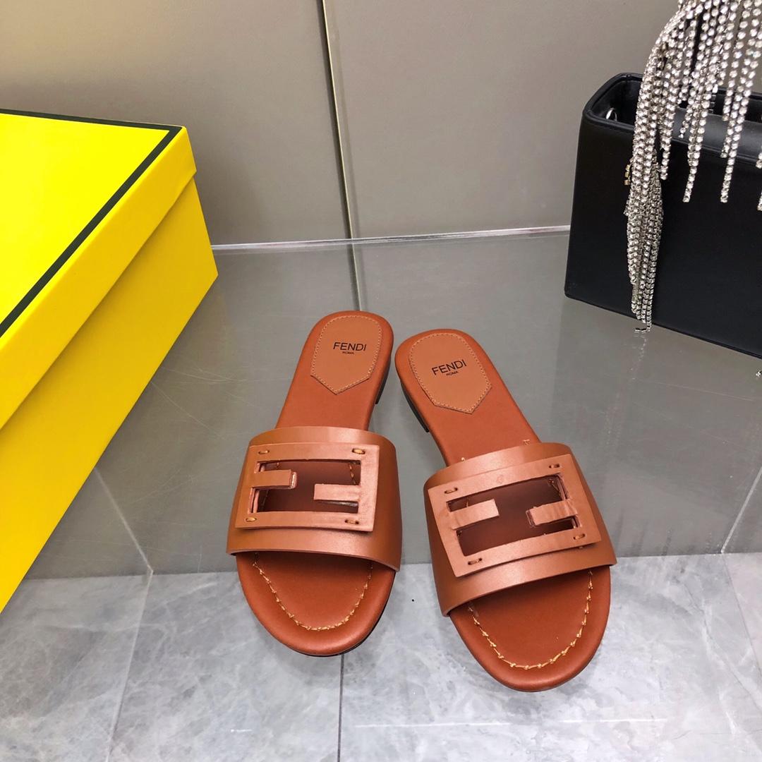 Fendi Baguette Brown Leather Slides - DopestKickz