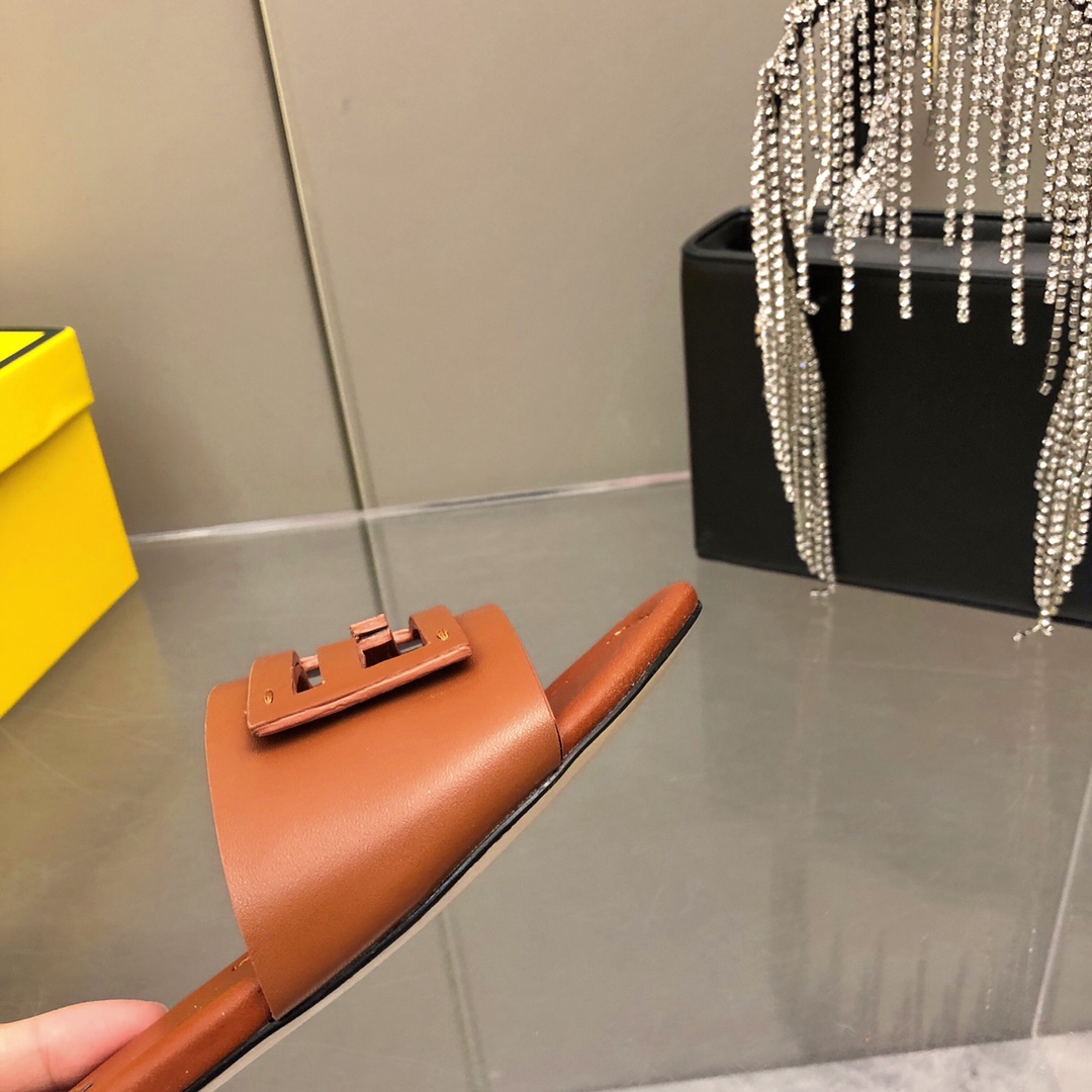 Fendi Baguette Brown Leather Slides - DopestKickz