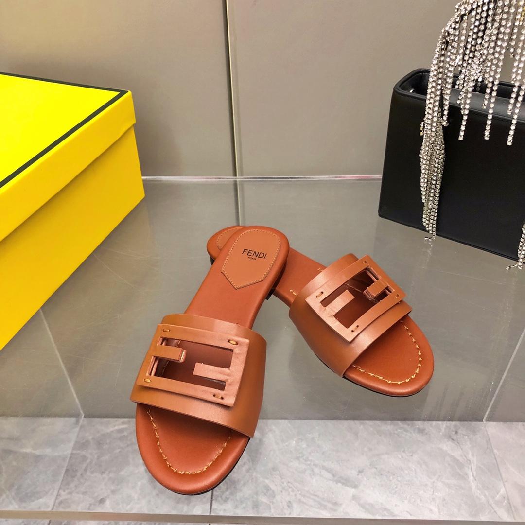 Fendi Baguette Brown Leather Slides - DopestKickz