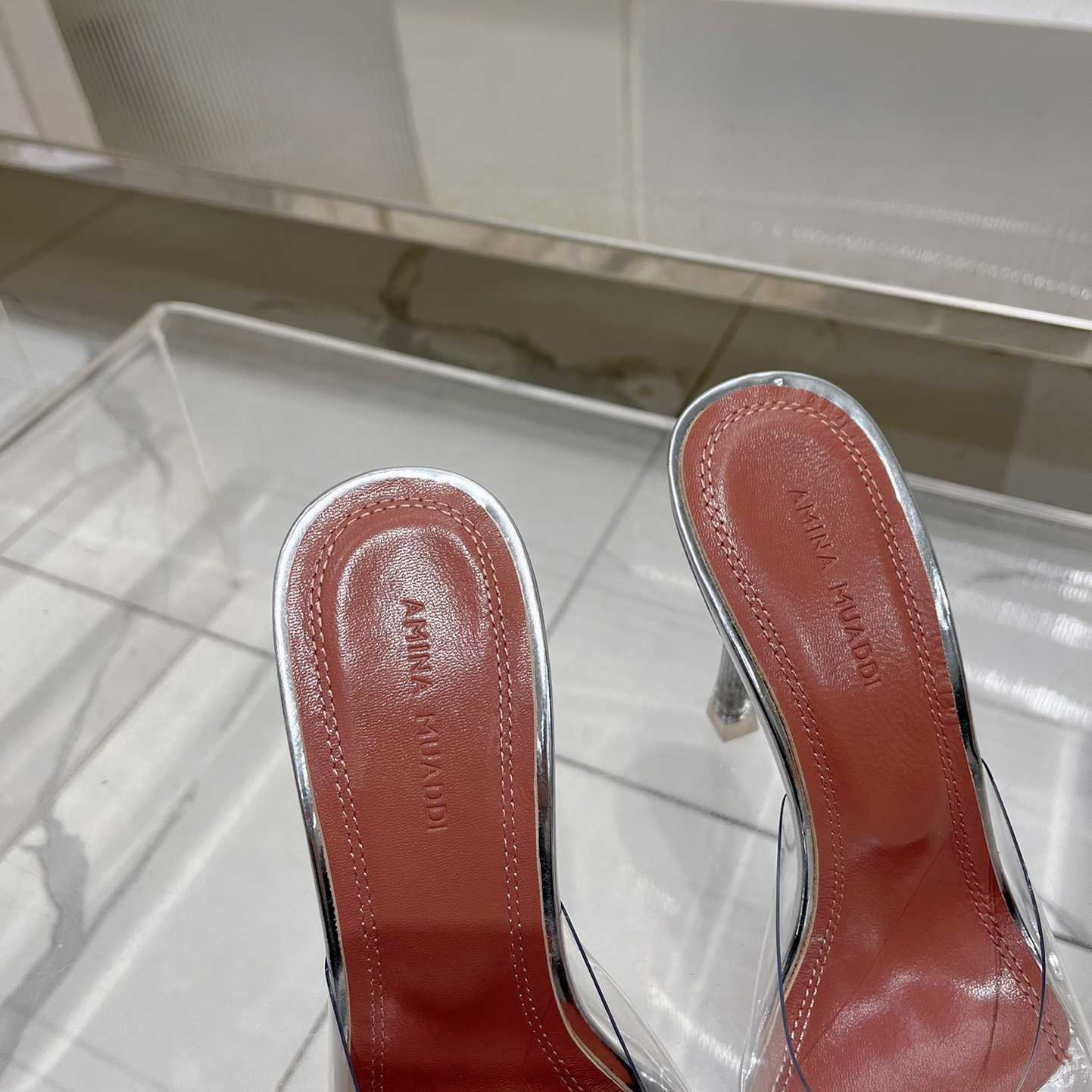 Amina Muaddi Lupita Glass Mules   110mm - DopestKickz