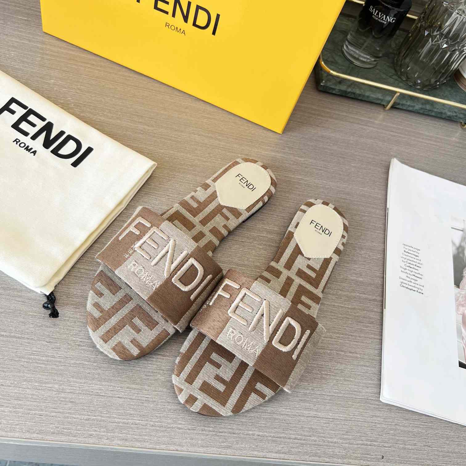 Fendi Signature Beige Fabric Slides - DopestKickz