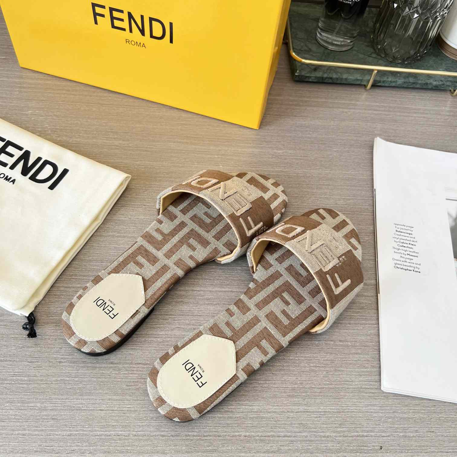 Fendi Signature Beige Fabric Slides - DopestKickz