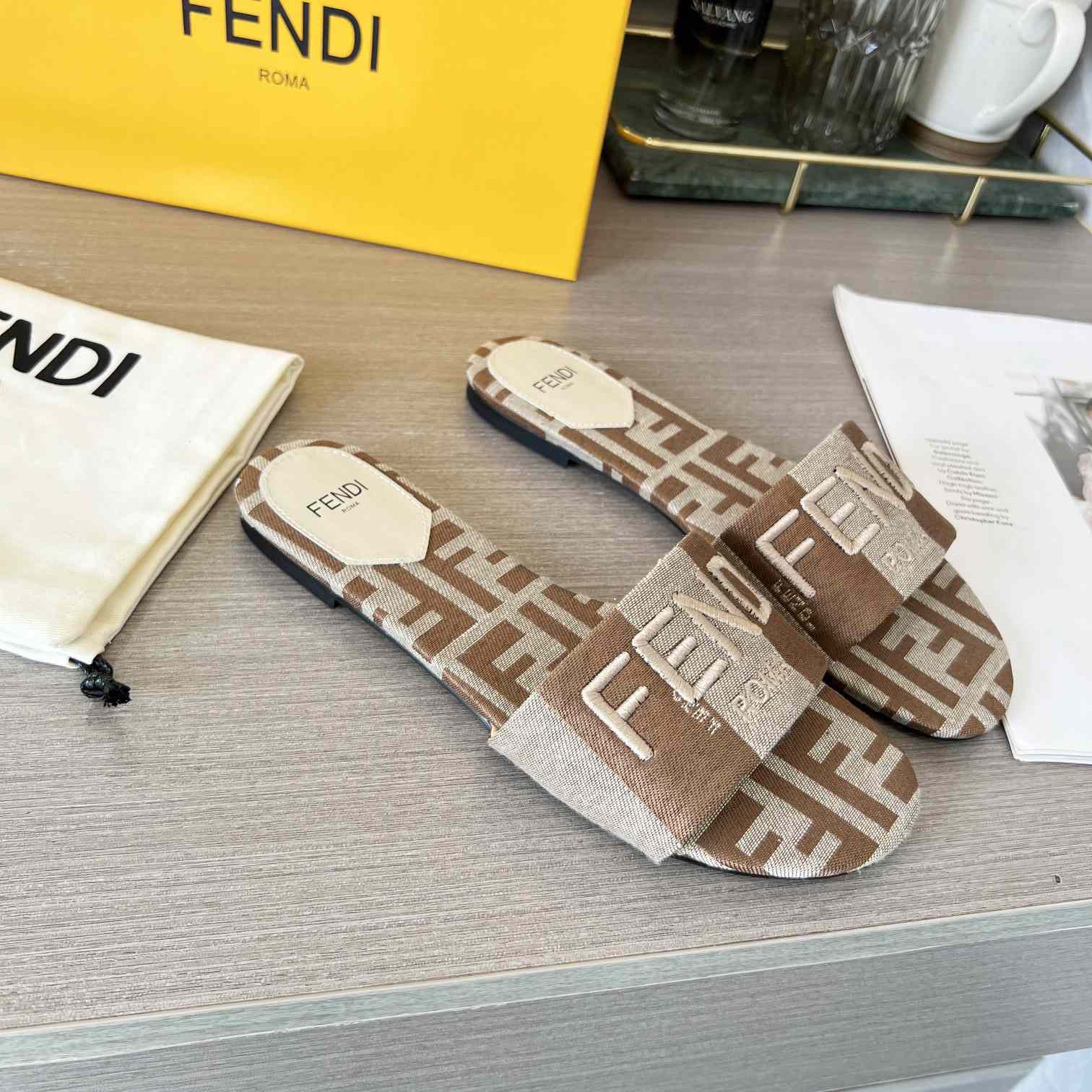 Fendi Signature Beige Fabric Slides - DopestKickz