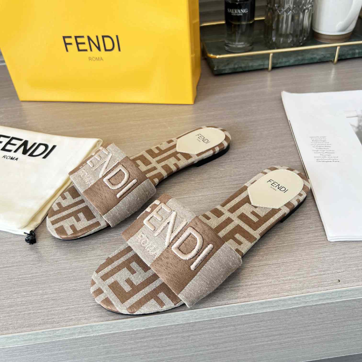 Fendi Signature Beige Fabric Slides - DopestKickz