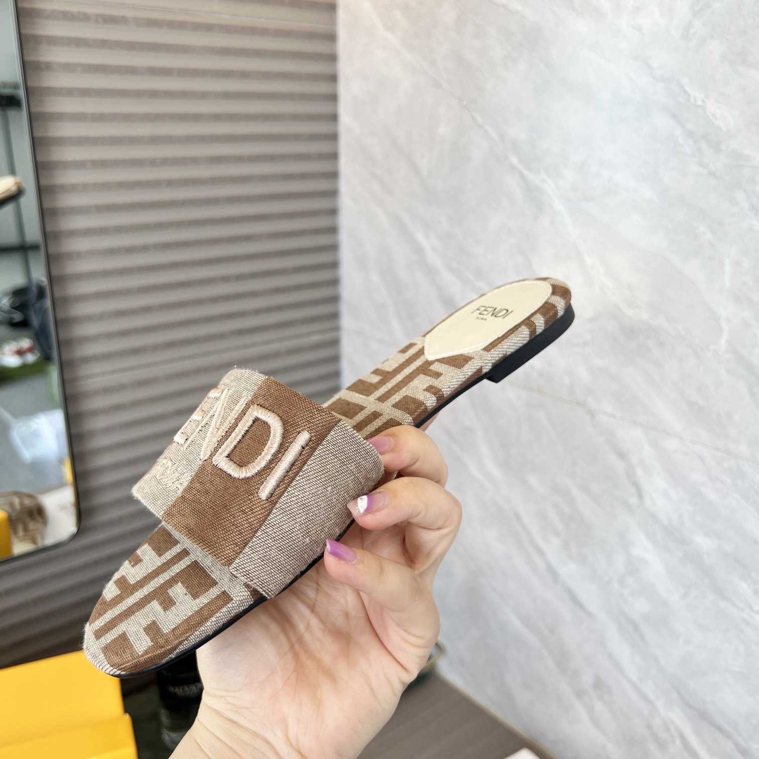 Fendi Signature Beige Fabric Slides - DopestKickz