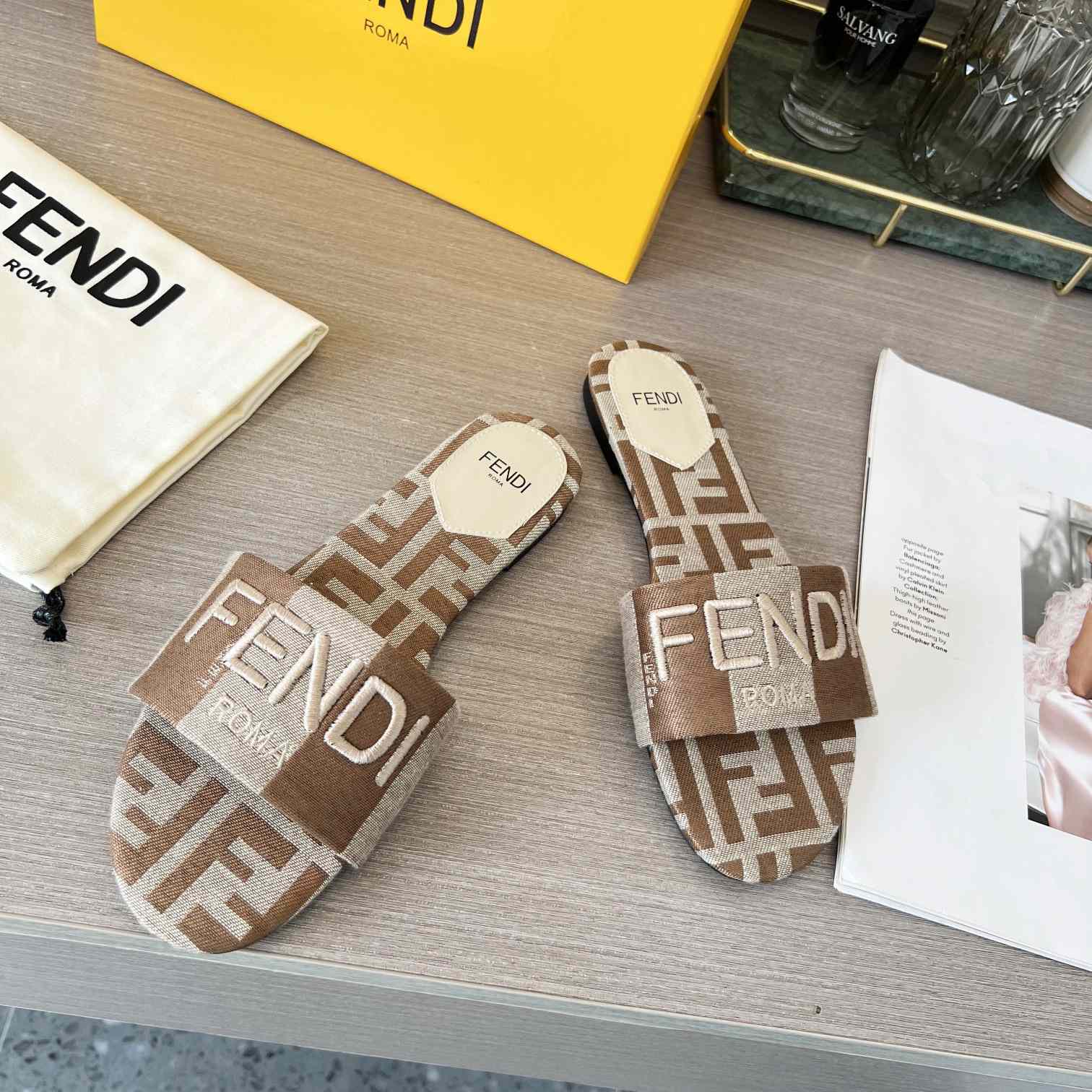 Fendi Signature Beige Fabric Slides - DopestKickz
