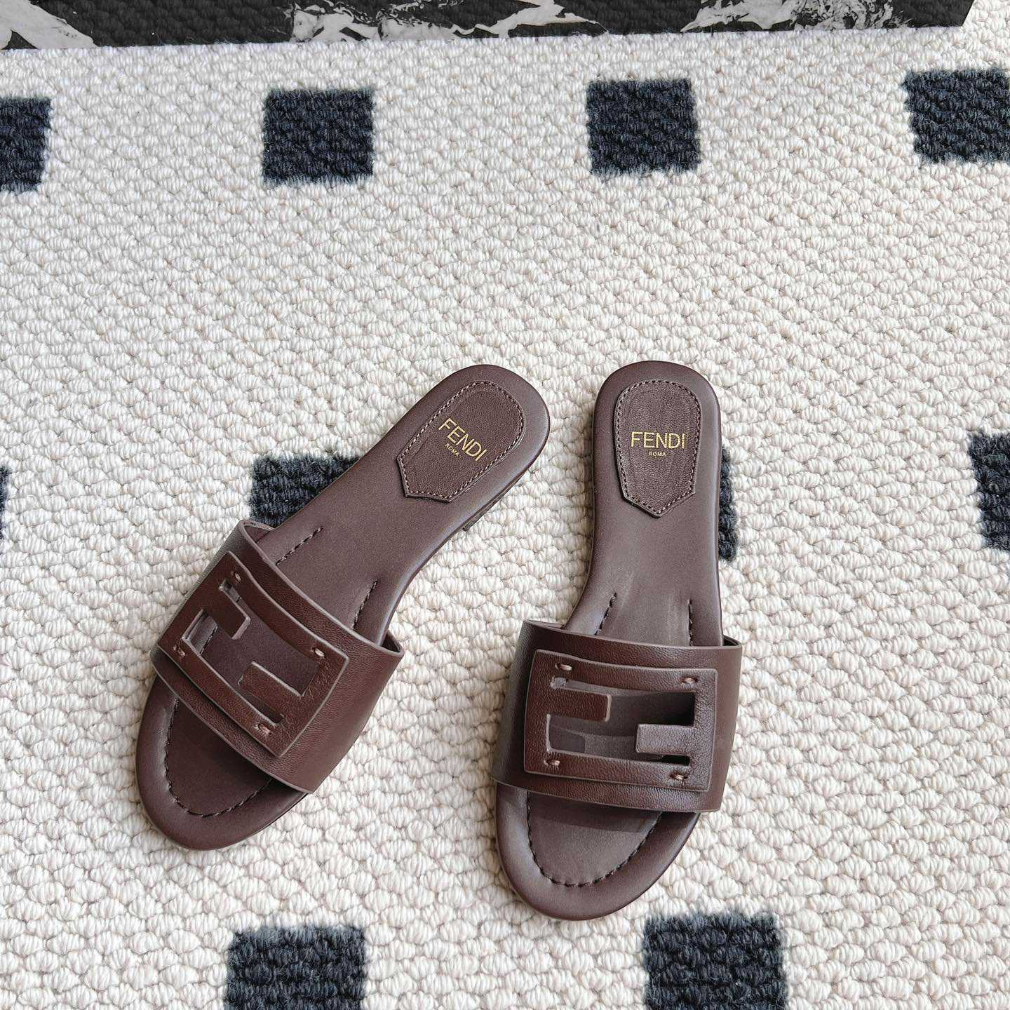 Fendi Baguette Brown Leather Slides - DopestKickz