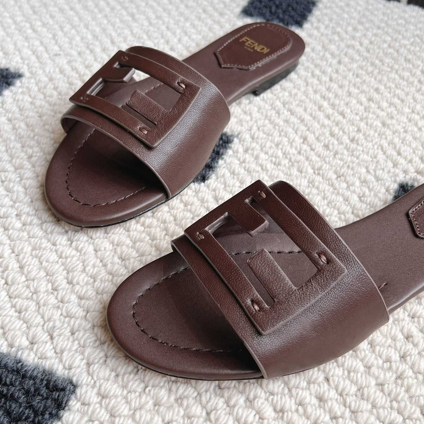 Fendi Baguette Brown Leather Slides - DopestKickz