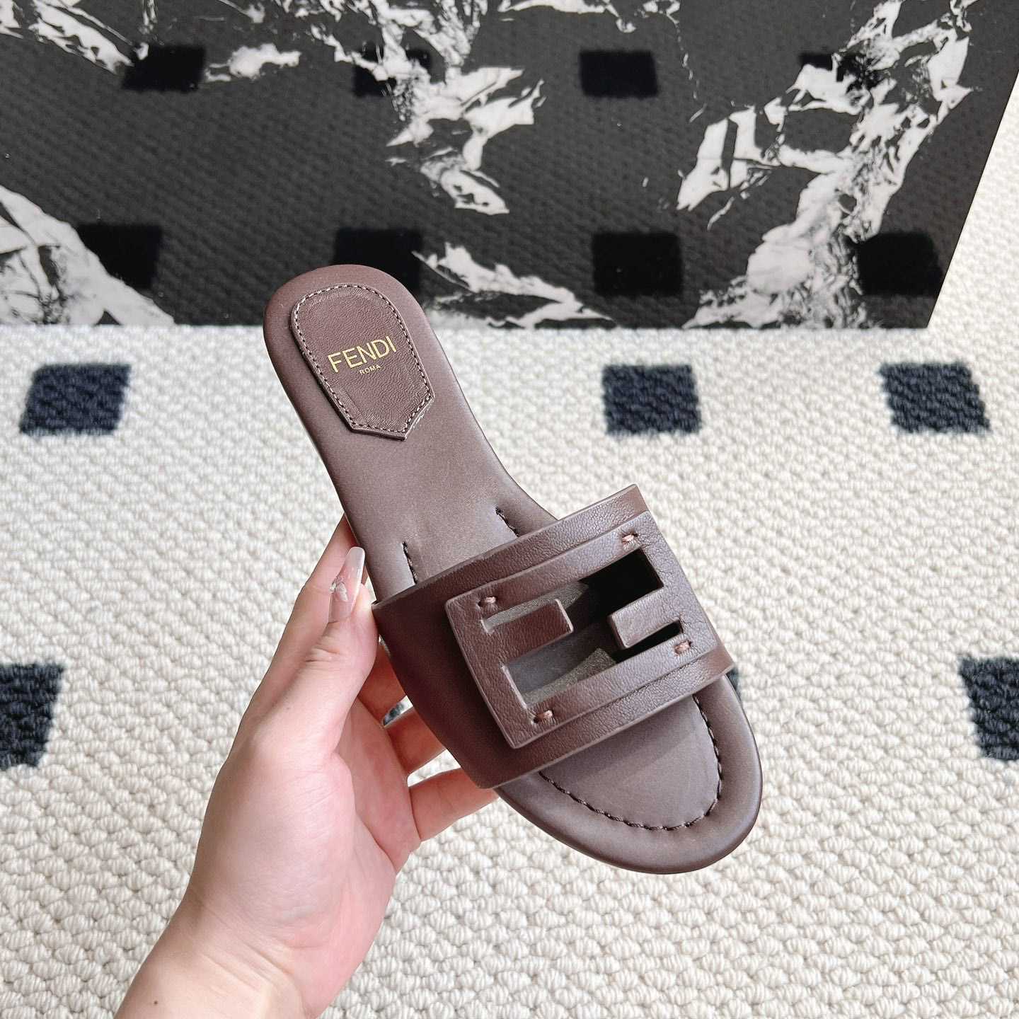 Fendi Baguette Brown Leather Slides - DopestKickz