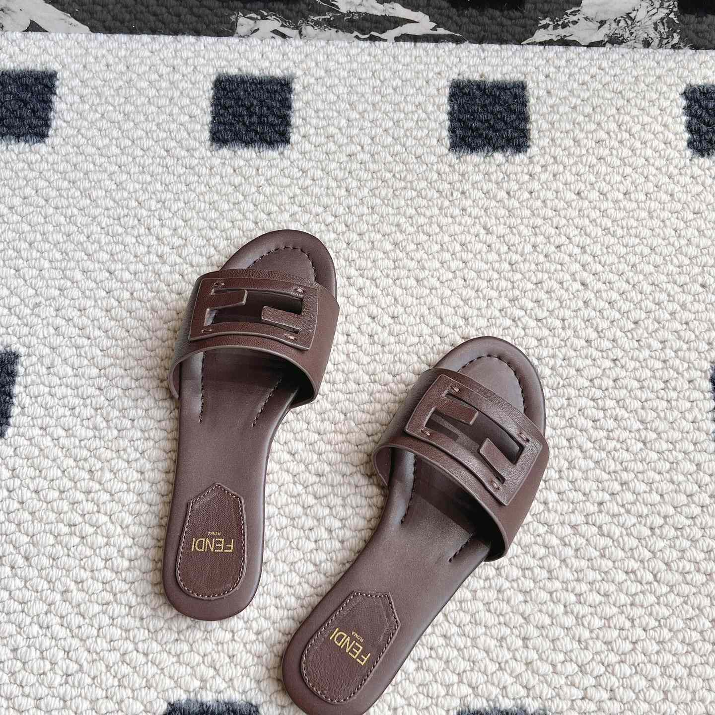 Fendi Baguette Brown Leather Slides - DopestKickz