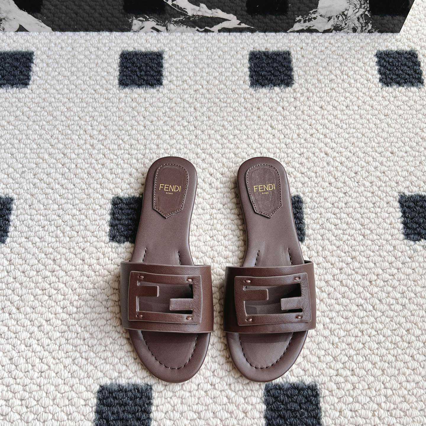 Fendi Baguette Brown Leather Slides - DopestKickz