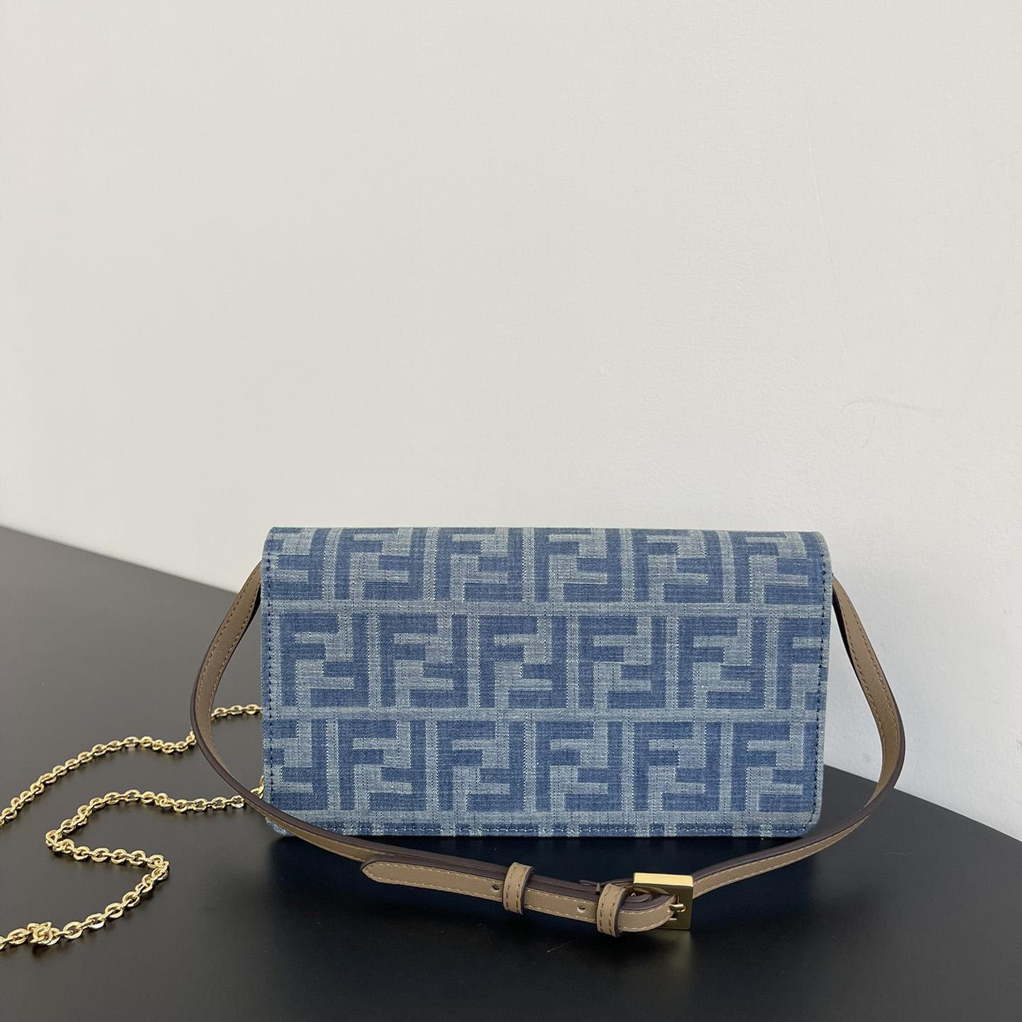 Fendi Wallet On Chain Baguette Light Blue FF Denim Fabric Wallet - DopestKickz