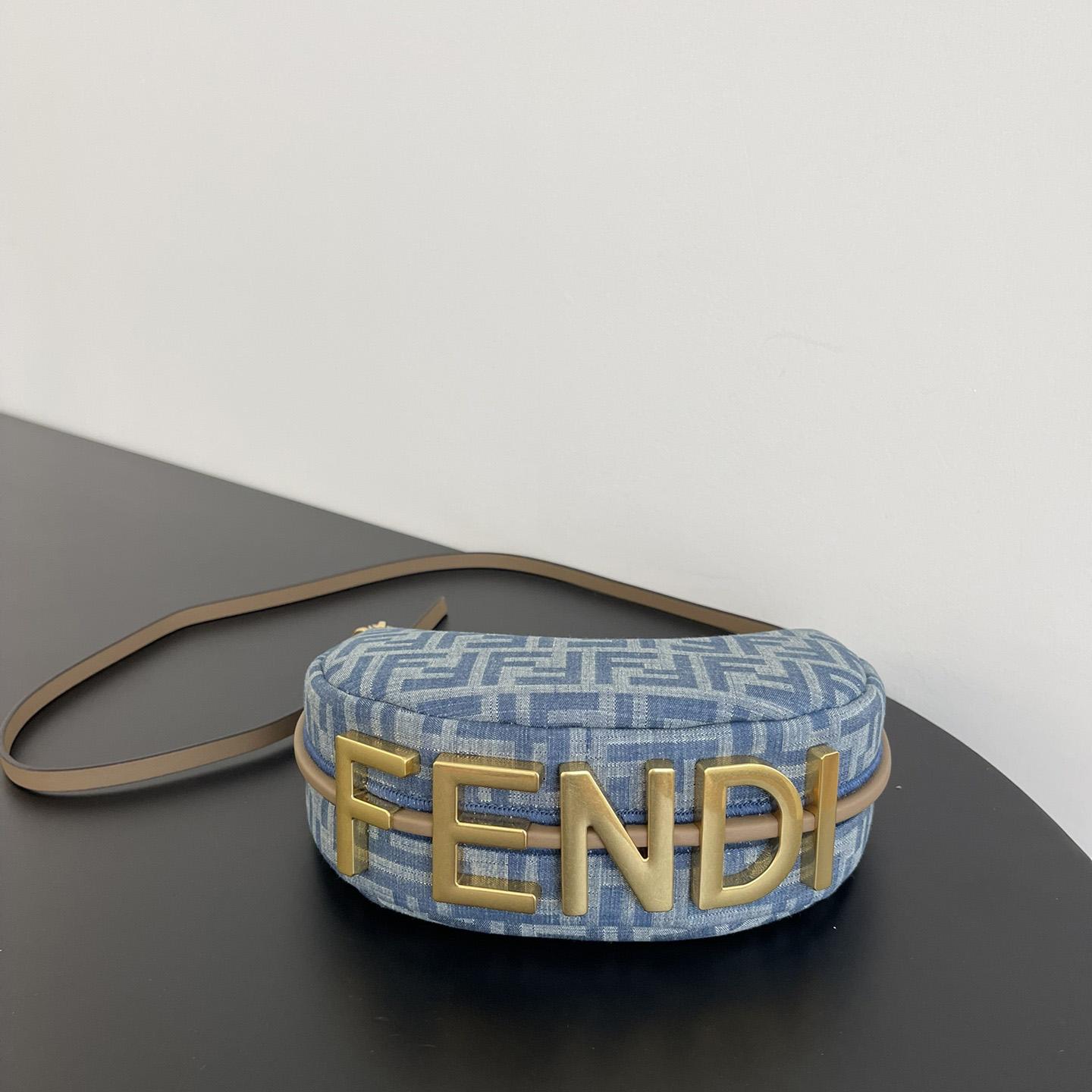 Fendi Women's Blue Graphy Mini Ff Denim & Leather Hobo Bag  - DopestKickz