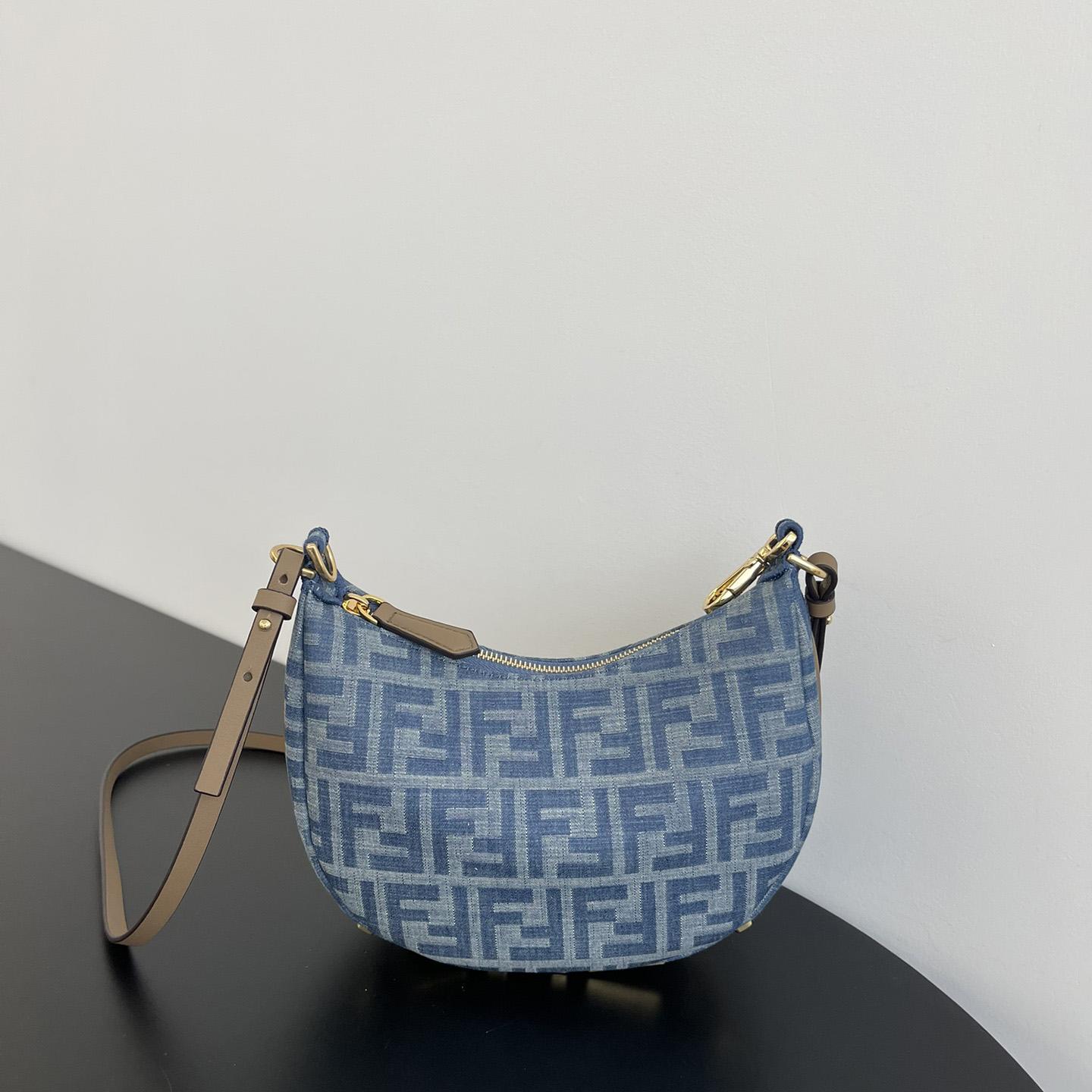 Fendi Women's Blue Graphy Mini Ff Denim & Leather Hobo Bag  - DopestKickz