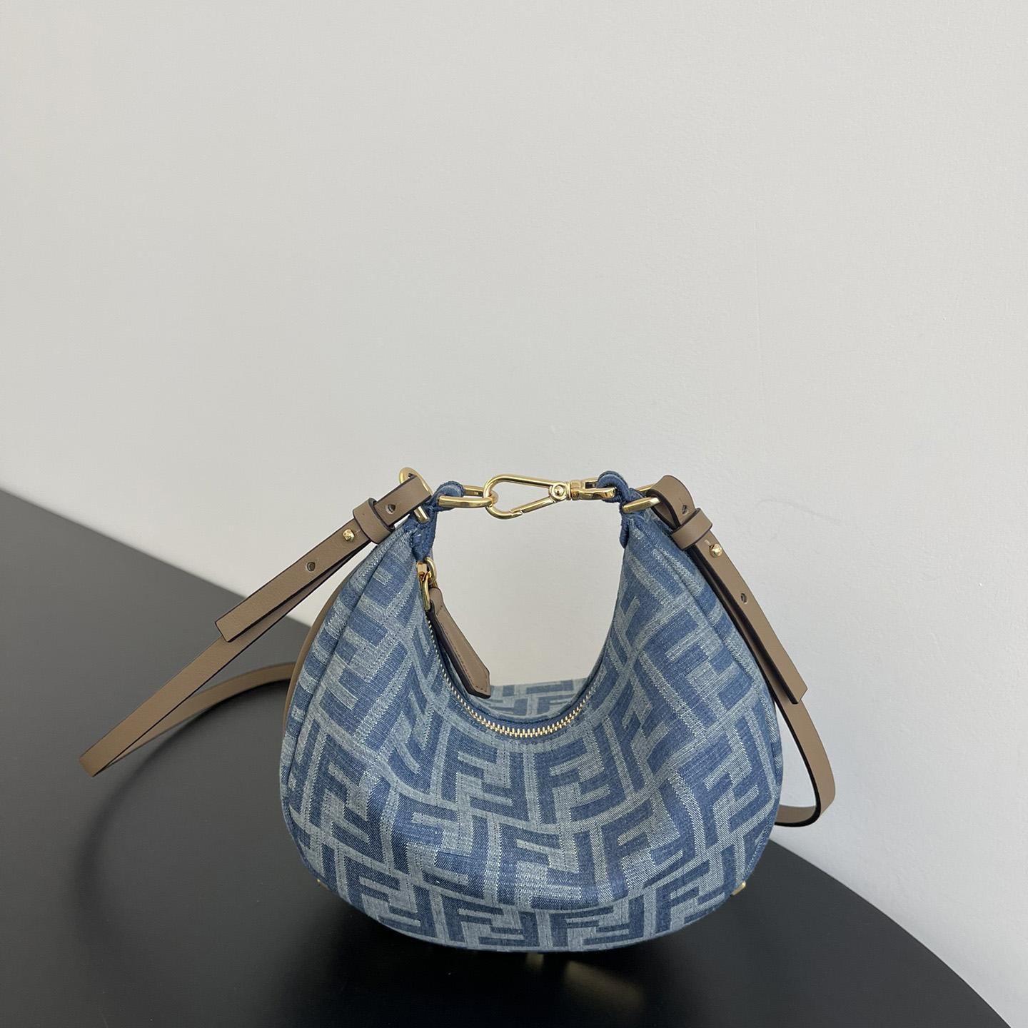 Fendi Women's Blue Graphy Mini Ff Denim & Leather Hobo Bag  - DopestKickz