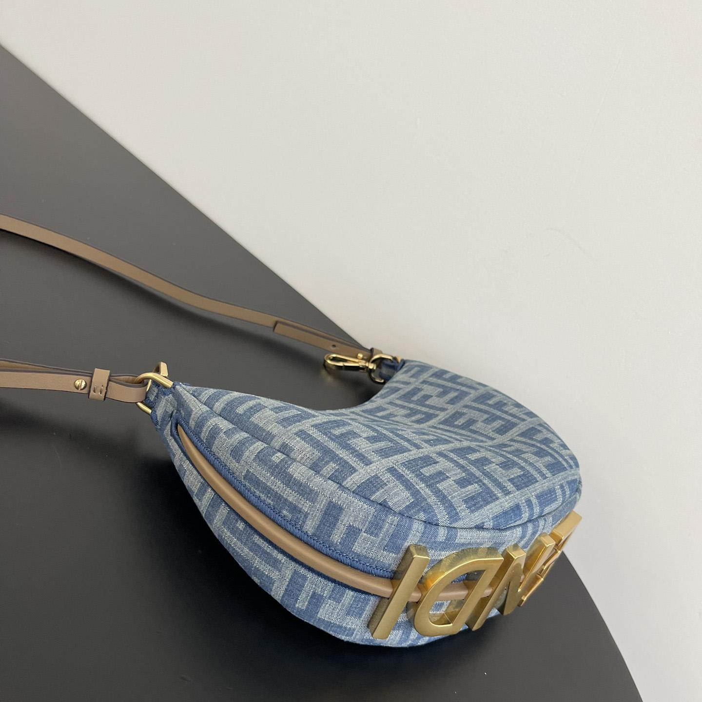Fendi Women's Blue Graphy Mini Ff Denim & Leather Hobo Bag  - DopestKickz