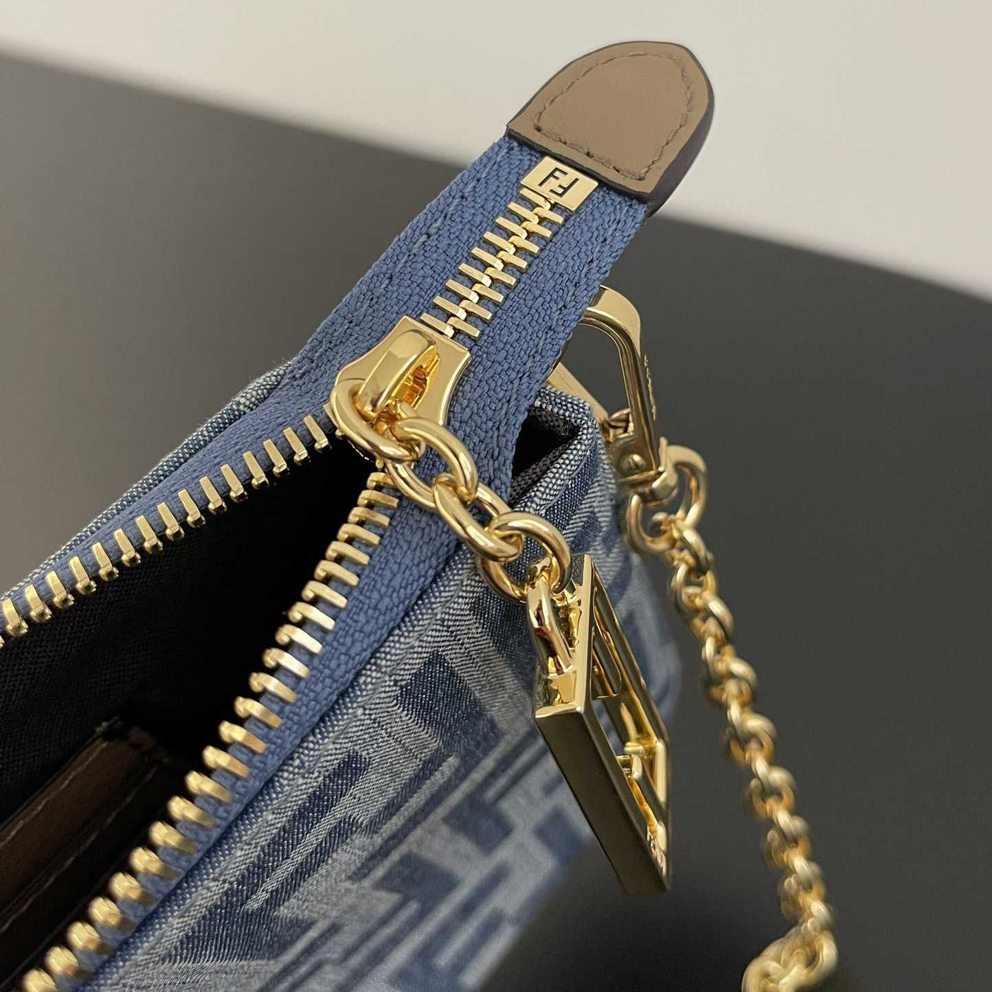 Fendi Baguette Pouch Light Blue FF Denim Fabric Pouch With Chain - DopestKickz