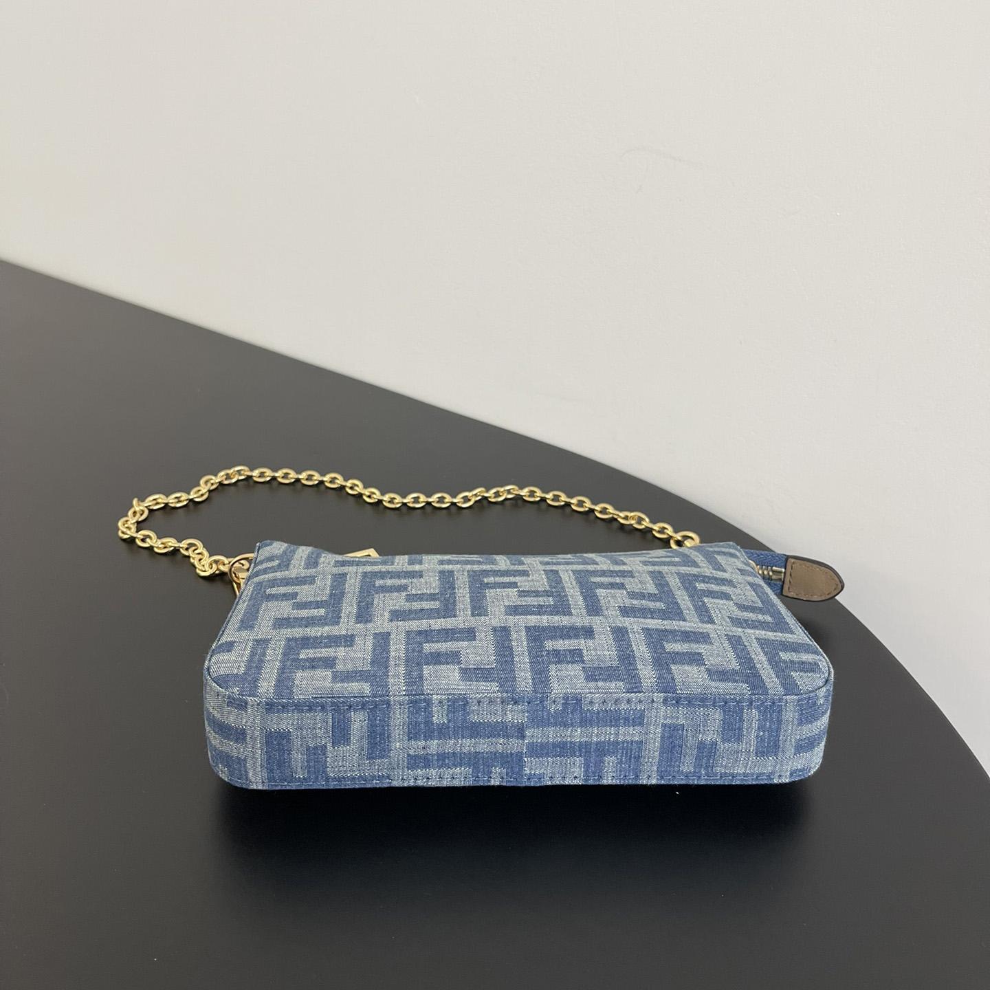 Fendi Baguette Pouch Light Blue FF Denim Fabric Pouch With Chain - DopestKickz