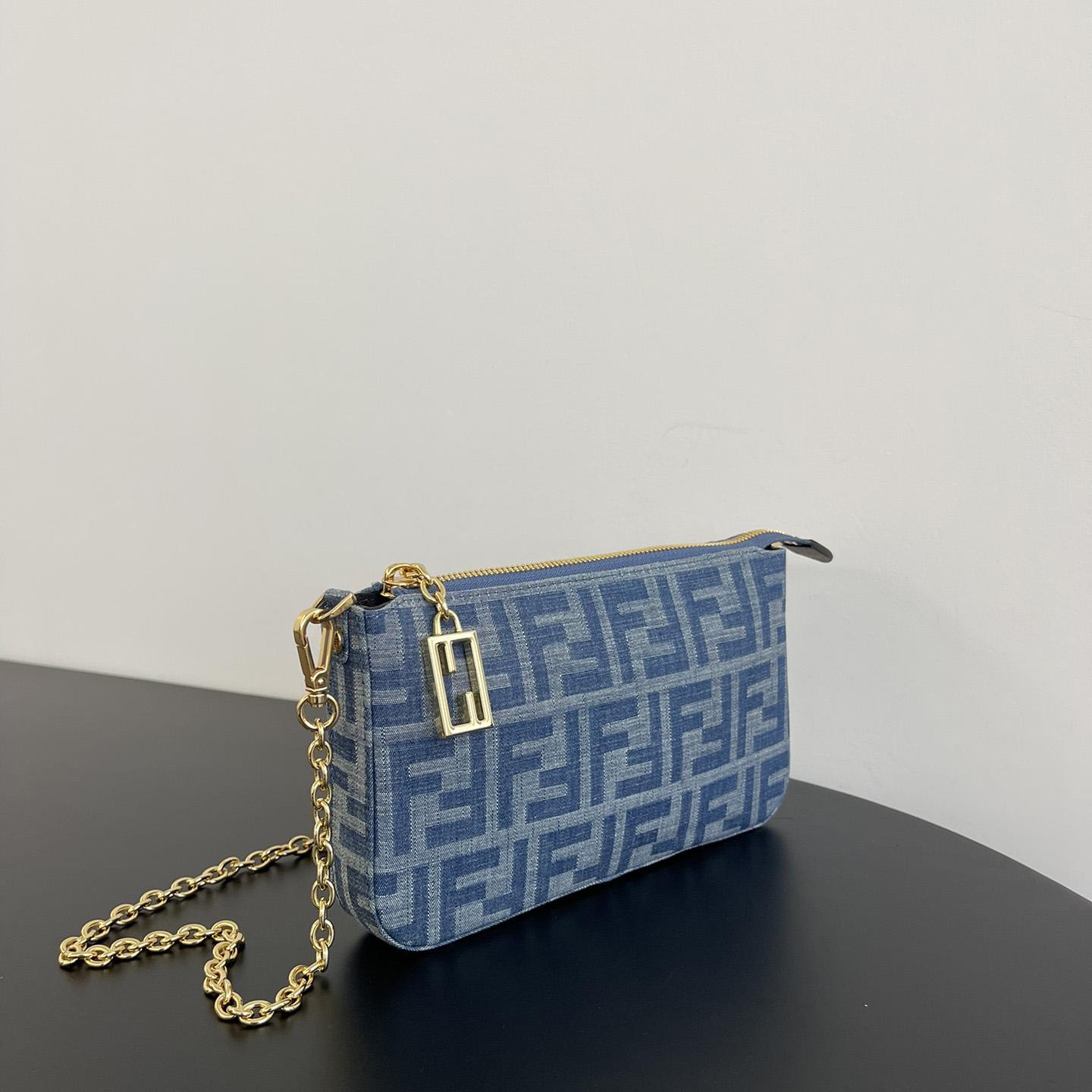 Fendi Baguette Pouch Light Blue FF Denim Fabric Pouch With Chain - DopestKickz