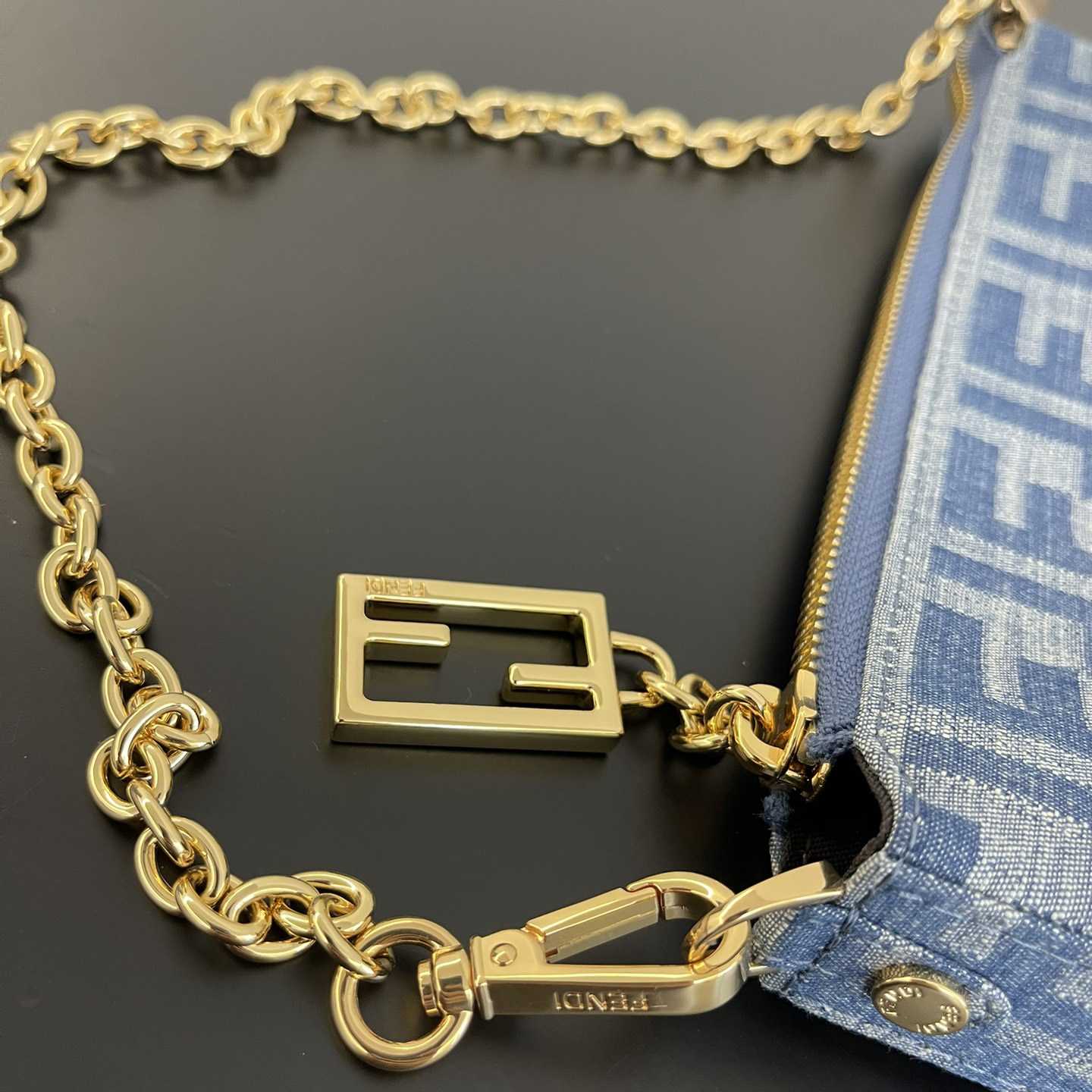 Fendi Baguette Pouch Light Blue FF Denim Fabric Pouch With Chain - DopestKickz