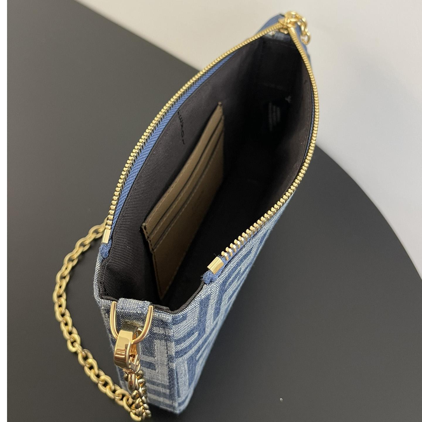 Fendi Baguette Pouch Light Blue FF Denim Fabric Pouch With Chain - DopestKickz