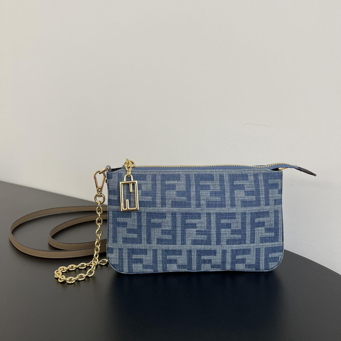 Fendi Baguette Pouch Light Blue FF Denim Fabric Pouch With Chain - DopestKickz