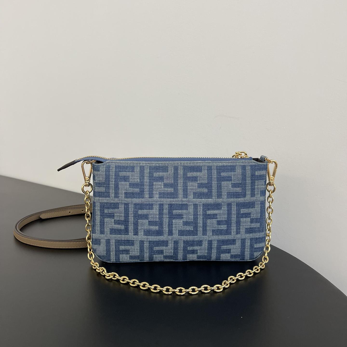 Fendi Baguette Pouch Light Blue FF Denim Fabric Pouch With Chain - DopestKickz