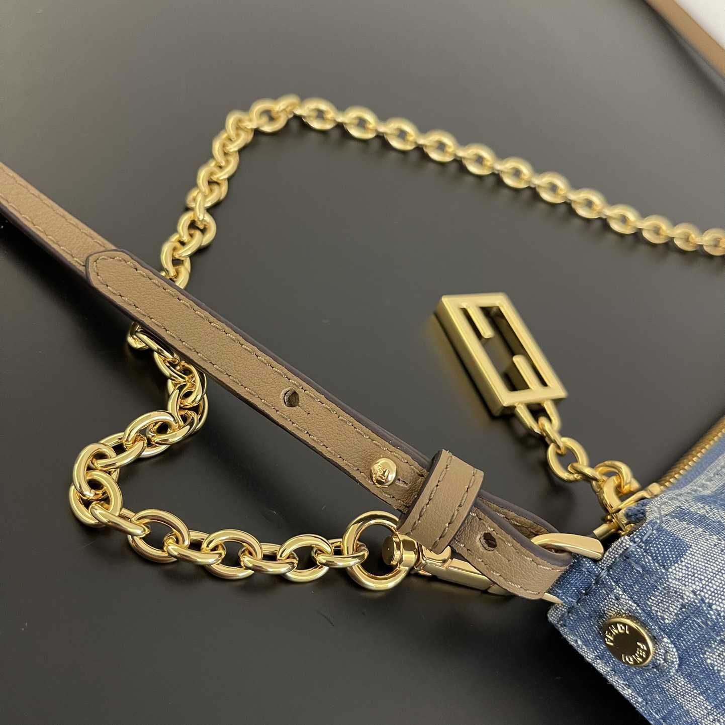 Fendi Baguette Pouch Light Blue FF Denim Fabric Pouch With Chain - DopestKickz