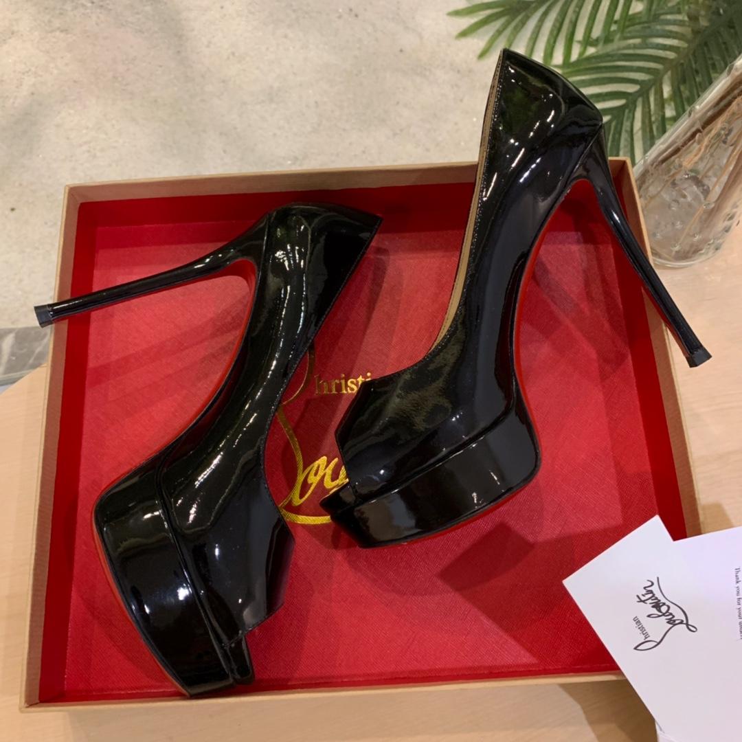 Christian Louboutin Black Patent Leather Peep Toe Stiletto Heels   8.5cm - DopestKickz