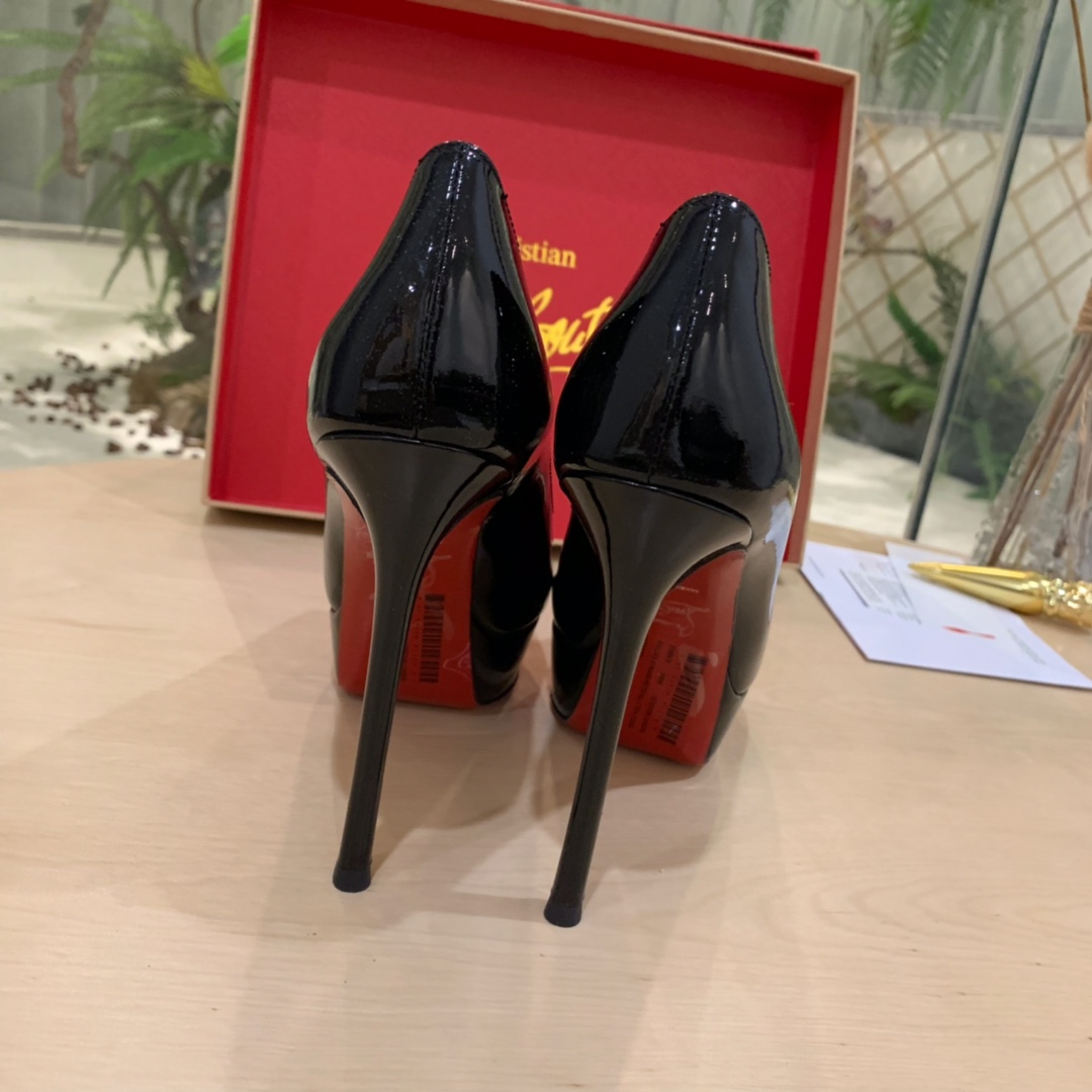 Christian Louboutin Black Patent Leather Peep Toe Stiletto Heels   8.5cm - DopestKickz