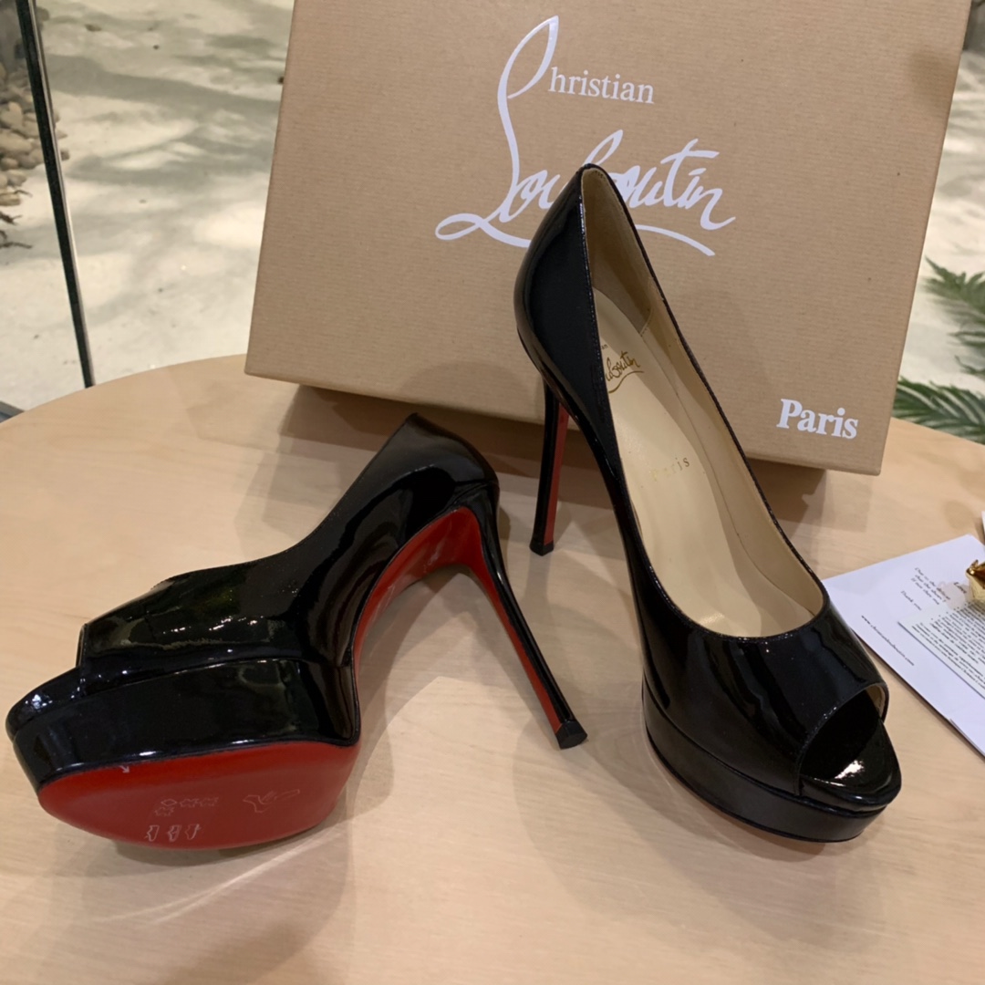 Christian Louboutin Black Patent Leather Peep Toe Stiletto Heels   8.5cm - DopestKickz