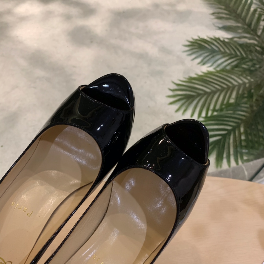 Christian Louboutin Black Patent Leather Peep Toe Stiletto Heels   8.5cm - DopestKickz