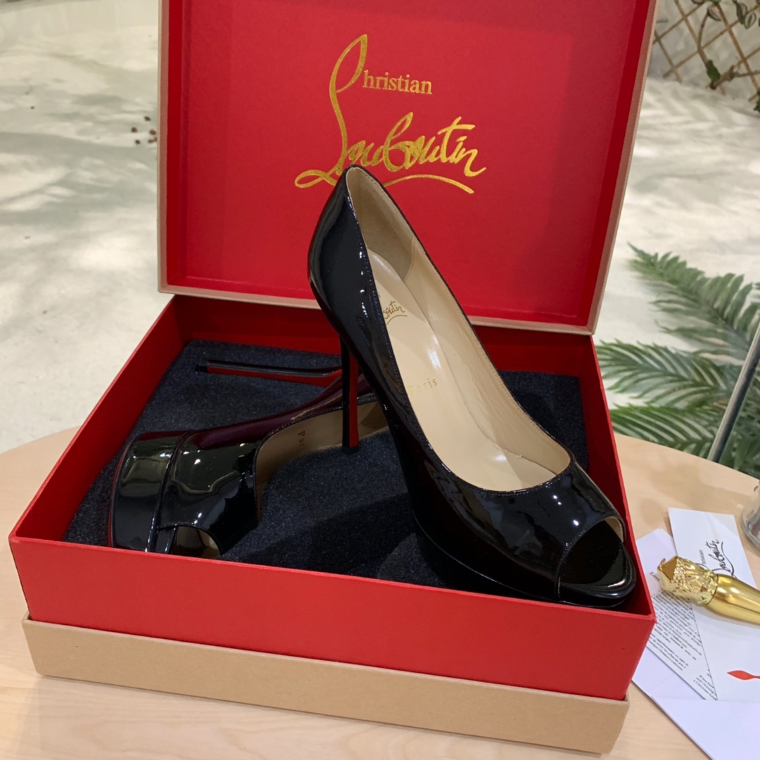 Christian Louboutin Black Patent Leather Peep Toe Stiletto Heels   8.5cm - DopestKickz