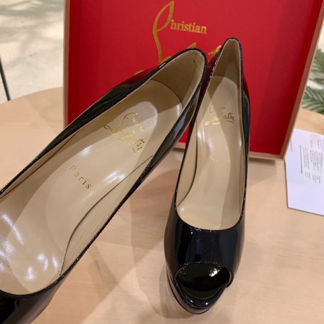 Christian Louboutin Black Patent Leather Peep Toe Stiletto Heels   8.5cm - DopestKickz