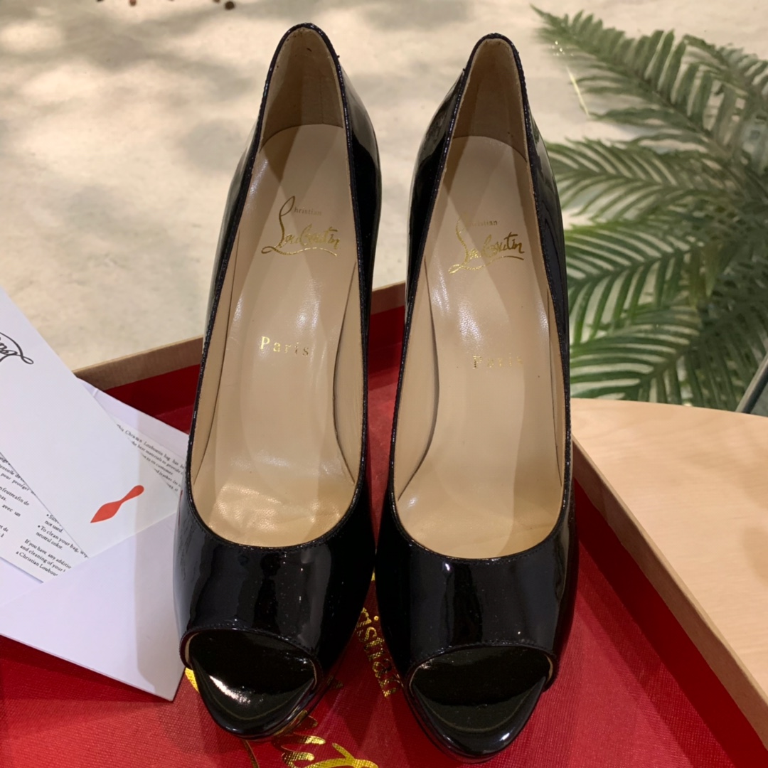 Christian Louboutin Black Patent Leather Peep Toe Stiletto Heels   8.5cm - DopestKickz