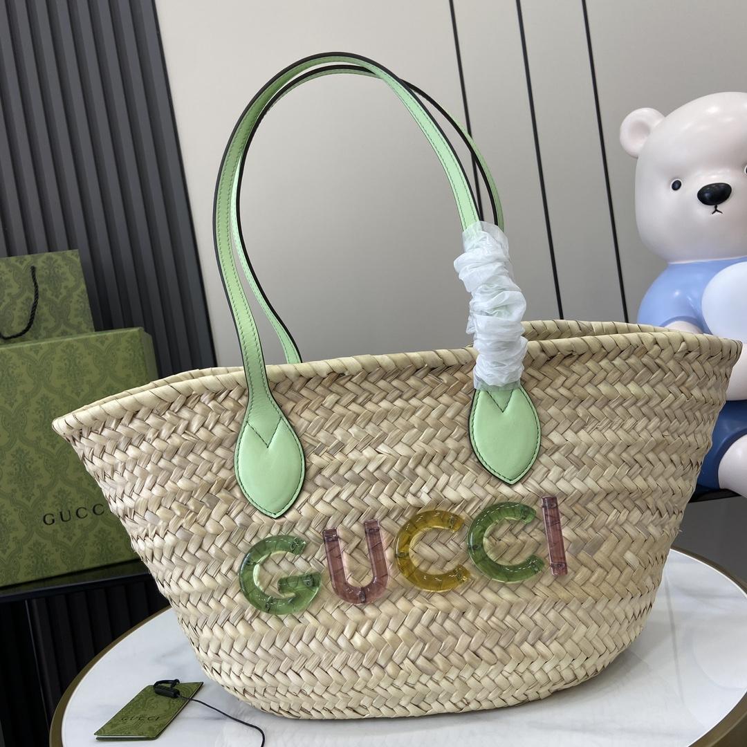 Gucci Small Straw Tote With Gucci Logo - DopestKickz